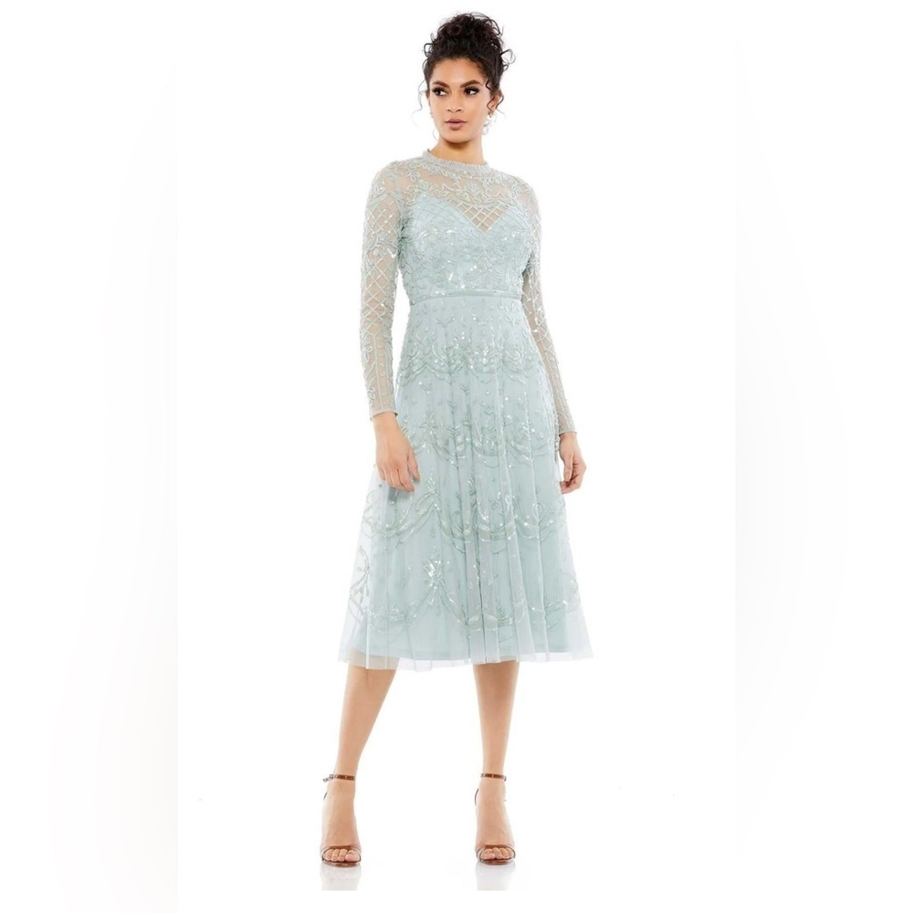 Mac Duggal #9142 Long Sleeve Midi Dress in Seafoam Size 20 NWT